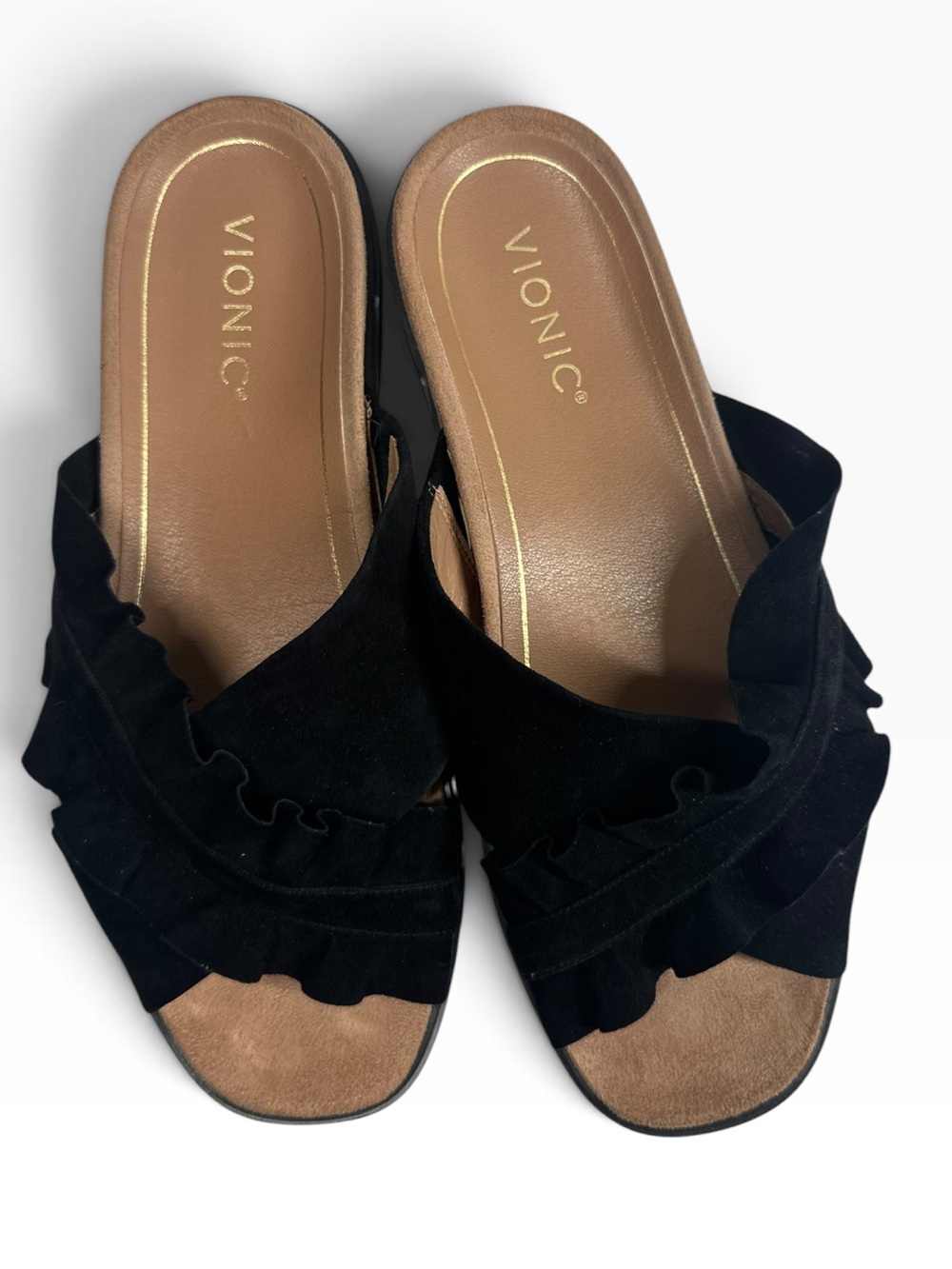 VIONIC Women’s 9.5 Azalea Slide Sandals with Black Suede Ruffled Strap